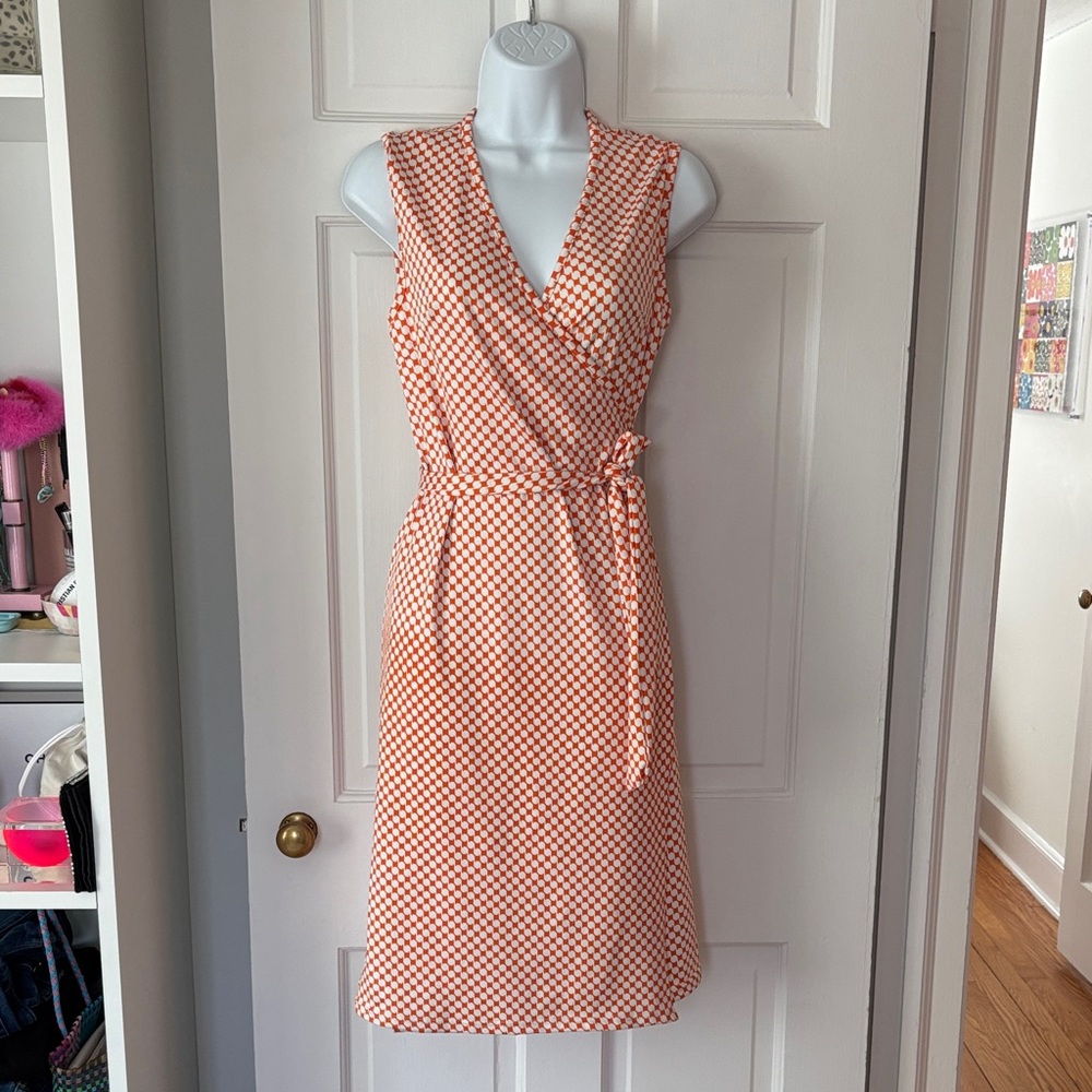 Diane Von Furstenberg Orange and White Midi Wrap Dress